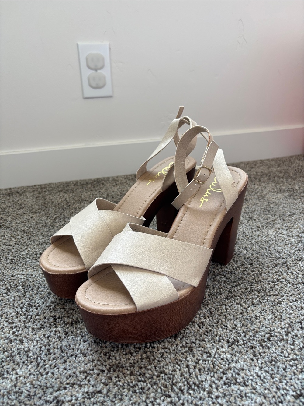 Lulu's Cream Cross-Strap Platform Sandals with Brown Block Heel